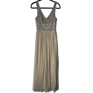 Anthropologie BHLDN Beige Sterling Gown Silver Beaded V-Neck Maxi Dress Size 4